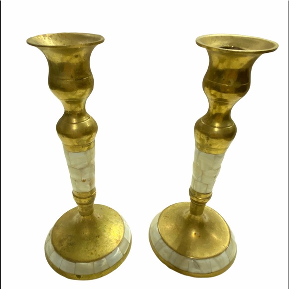 Set of 2 Brass Mother Of Pearl Inlay Candlesticks